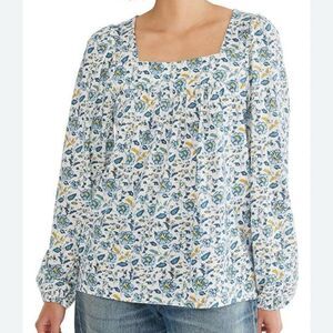 Lucky Brand White/Blue Floral Long Sleeve Square Neck T-Shirt Top Size Medium
